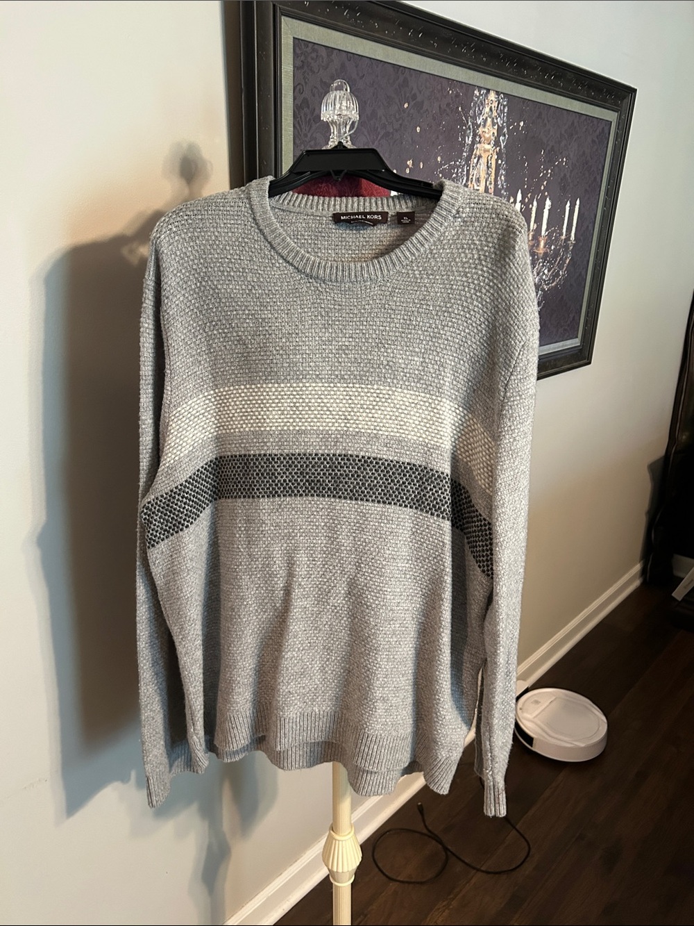 Michael Kors Light Gray Crewneck Sweater with White and Dark Gray Stripes